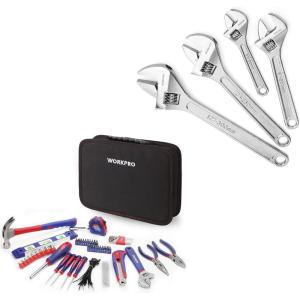 image:imageWORKPRO 100 Piece Kitchen Home Tool Kit Drawer Household Hand Tool Set with Easy Carrying Pouch amp 4piece Adjustable Wrench Set Forged Heat Treated Chromeplated 6inch 8inch 10inch 12inch