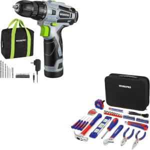 image:imageWORKPRO Cordless Drill Driver Kit and 100 Piece Kitchen Drawer Household Hand Tool Set