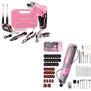 image:imageWORKPRO Cordless Rotary Tool Kit with 71pcs Accessories amp WORKPRO 18 PCS Tool Set with 37V Rotatable Electric Screwdriver  Pink