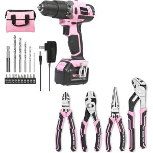 image:imageWORKPRO Pink Cordless 20V Lithiumion Drill Driver Set and 4Piece Pliers Set