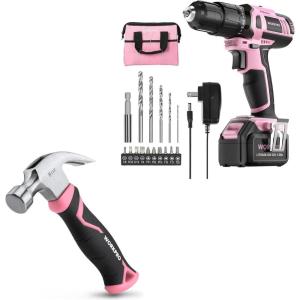 image:imageWORKPRO Pink Cordless 20V Lithiumion Drill Driver SetWORKPRO 8 oz Claw Hammer