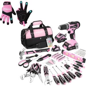 image:imageWORKPRO Safety Work Gloves amp WORKPRO Pink Home Tool Kit with Drill 157PCS Pink Tool Set with 20V Cordless Lithiumion Drill Gun Basic Drill Sets C