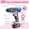 image:imageWORKPRO Pink Cordless 20V Lithiumion Drill Driver Set and 236 Pieces Pink Tool Set with Easy Carrying Round Pouch