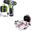 image:imageWORKPRO Cordless Drill Driver Kit and 236 Pieces Pink Tool Set with Easy Carrying Round Pouch