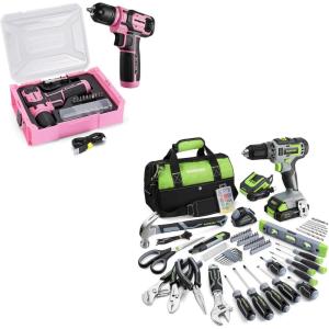 image:imageWORKPRO 157PCS Home Tool Set with 20V Power Drill Green amp WORKPRO Drill Set with 8V Power Drill and Stackable Tool Box Pink