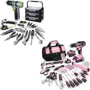 image:imageWORKPRO 157PCS Home Tool Set with 20V Power Drill Pink amp WORKPRO 43PCS Cordless Drill Driver with 8V Lithium  Green