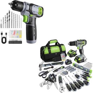 image:imageWORKPRO 157PCS Home Tool Set with 20V Power Drill amp WORKPRO 8V Cordless Drill Driver Set with 53pcs Bit Set  Green