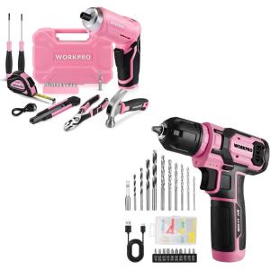 image:imageWORKPRO 8V Cordless Drill Driver Set with 53pcs Bit Set amp WORKPRO 18 PCS Tool Set with 37V Rotatable Electric Screwdriver  Pink
