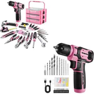 image:imageWORKPRO 8V Cordless Drill Driver Set with 53pcs Bit Set amp WORKPRO 43PCS Pink Tool Set with 8V Power Drill and Bits Pink