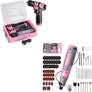 image:imageWORKPRO Cordless Rotary Tool Kit with 71pcs Accessories amp WORKPRO Drill Set with 8V Power Drill and Stackable Tool Box  Pink