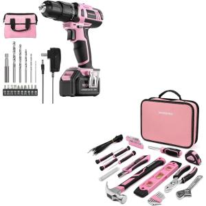 image:imageWORKPRO Pink Cordless 20V Lithiumion Drill Driver Set and 100 Piece Pink Tool Kit with Easy Carrying Pouch
