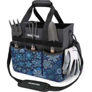 image:imageWORKPRO Garden Tool Bag Organizer Heavy Duty Gardening Tote Bag with 10 Pockets and Long Adjustable Shoulder Strap Standable Garden Home Tool Kits Organizer Floral Pink Tools are not includedFloral Blue