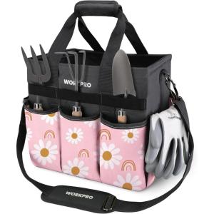 image:imageWORKPRO Garden Tool Bag Organizer Heavy Duty Gardening Tote Bag with 10 Pockets and Long Adjustable Shoulder Strap Standable Garden Home Tool Kits Organizer Floral Pink Tools are not includedFloral Pink