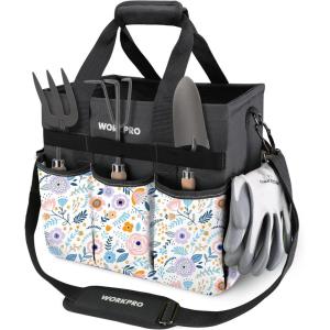 image:imageWORKPRO Garden Tool Bag Organizer Heavy Duty Gardening Tote Bag with 10 Pockets and Long Adjustable Shoulder Strap Standable Garden Home Tool Kits Organizer Floral Pink Tools are not includedFloral White