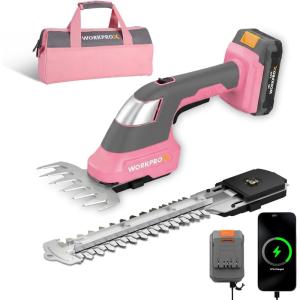 image:imageWORKPROX 20V Pink Cordless Grass Shear amp Shrubbery Trimmer  2in1 Handheld Electric Grass Trimmer Hedge ShearsGrass Cutter with Tool Bag Rechargeable LithiumIon Battery and TypeC Cable IncludedPink