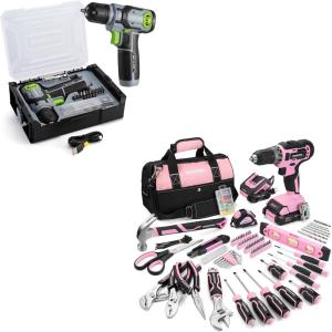 image:imageWORKPRO 157PCS Home Tool Set with 20V Power Drill Pink amp WORKPRO Drill Set with 8V Power Drill and Stackable Tool Box Green