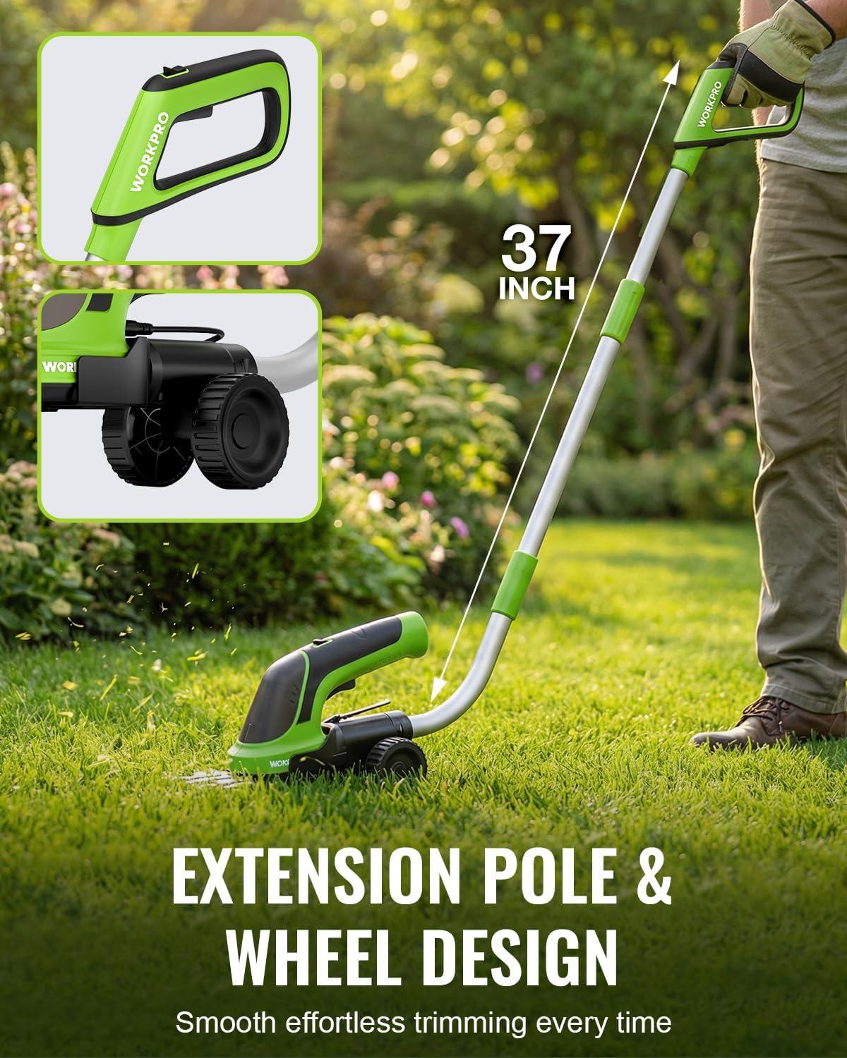 image:imageWORKPRO 36V Hedge Trimmer Cordless 3in1 Electric Hedge Trimmer amp Grass Cutter with 37 Wheeled Extension Pole 40Ah Removable Battery amp TypeC Cable Lightweight Bush Trimmer for Lawn amp GardenLong Handle Grass Shear