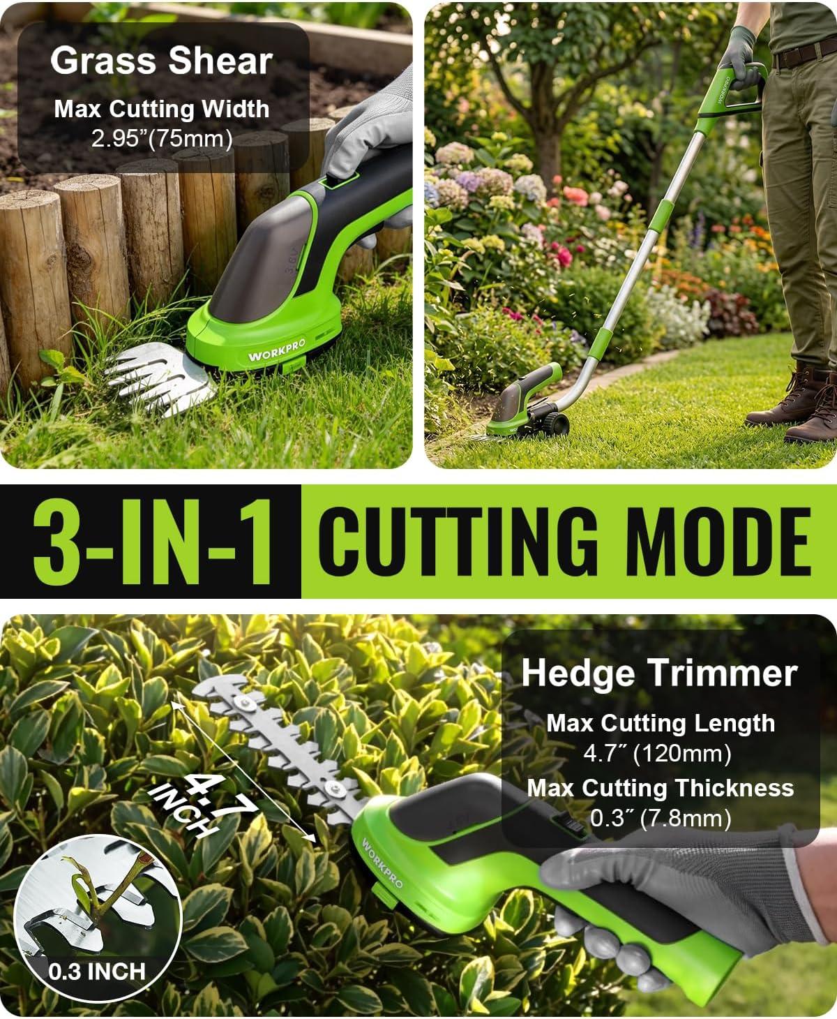 image:imageWORKPRO 36V Hedge Trimmer Cordless 3in1 Electric Hedge Trimmer amp Grass Cutter with 37 Wheeled Extension Pole 40Ah Removable Battery amp TypeC Cable Lightweight Bush Trimmer for Lawn amp GardenLong Handle Grass Shear
