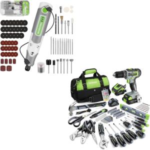 image:imageWORKPRO 157PCS Home Tool Set with 20V Power Drill amp WORKPRO Cordless Rotary Tool Kit with 71pcs Accessories Green