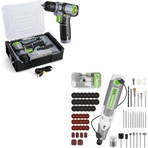 image:imageWORKPRO Cordless Rotary Tool Kit with 71pcs Accessories amp WORKPRO Drill Set with 8V Power Drill and Stackable Tool Box  Green