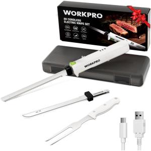 image:imageWORKPRO Electric Knife for Meat Slicing Cordless Electric Carving Knife for Turkey Fish amp Bread Two Stainless Steel Blades Ergonomic Handle Storage Case amp Serving Fork Included WhiteWhite