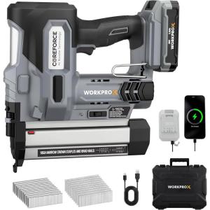 image:imageWORKPROX 20V Cordless Brad Nailer kit 18 Gauge 2in1 Nail amp Staple Gun with 20Ah Rechargeable Battery 1000 Staples amp 1000 Nails for Woodworking Upholstery DIY Projects amp Home Improvement