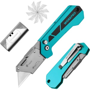 image:imageWORKPRO Box Cutter Utility Knife Quick Change Blade Razor Knife Folding Pocket Knife with Belt Clip and Axis Lock 10 Extra Blades Included PinkBlue