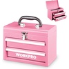 image:imageWORKPRO Portable Mini Tool Box 2 Drawers Metal Tool Chest with Ball Bearing Slides Top Storagewith Latch Ergonomic Carrying Handle Mechanic Toolbox with PVC Liners and PP Feet PadsPink