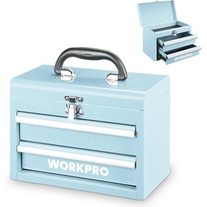 image:imageWORKPRO Portable Mini Tool Box 2 Drawers Metal Tool Chest with Ball Bearing Slides Top Storagewith Latch Ergonomic Carrying Handle Mechanic Toolbox with PVC Liners and PP Feet PadsMacaron Blue