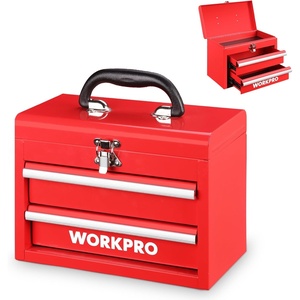 image:imageWORKPRO Portable Mini Tool Box 2 Drawers Metal Tool Chest with Ball Bearing Slides Top Storagewith Latch Ergonomic Carrying Handle Mechanic Toolbox with PVC Liners and PP Feet PadsRed