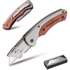 image:imageWORKPRO Folding Utility Knife Razor Blade Knife with Axis Lock Quick Change Box Cutter EDC Wood Handle Foldable Pocket Cutter Extra 10PC SK5 Blades IncludedUtility Knife