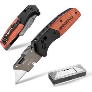 image:imageWORKPRO Folding Utility Knife Razor Blade Knife with Axis Lock Quick Change Box Cutter EDC Wood Handle Foldable Pocket Cutter Extra 10PC SK5 Blades IncludedAxis Lock Utility Knife