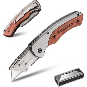 image:imageWORKPRO Folding Utility Knife Razor Blade Knife with Axis Lock Quick Change Box Cutter EDC Wood Handle Foldable Pocket Cutter Extra 10PC SK5 Blades IncludedUtility Knife