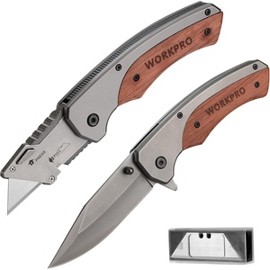 image:imageWORKPRO Folding Utility Knife Razor Blade Knife with Axis Lock Quick Change Box Cutter EDC Wood Handle Foldable Pocket Cutter Extra 10PC SK5 Blades IncludedUtility Knife  Pocket Knife