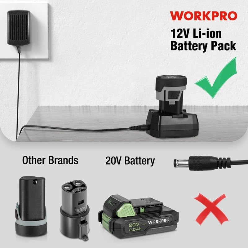 image:imageWORKPRO 12V Liion Battery Charger for W123015AE W123016AE W121037AE W125077AE W125110AE W009088AE Only Compatible with Listed Models Not Compatible with Other Brands or Models