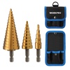 image:imageWORKPRO 3Piece Step Drill Bit Set 14 Hex Shank Quick Change High Speed Steel Titanium Coated Drill Bits for Plastic Sheet Metal Aluminum Hole Drilling WellOrganized Bag IncludedMetricMetric