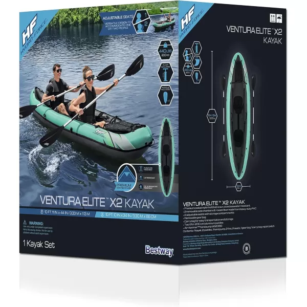 Bestway Hydro Force: Rapid Elite X2 Kayak Set - Seats 2 Adults, 397 lb Weight Capacity, Includes 2 Paddles, Hand Pump, 2 Fins, Storage Carry Bag