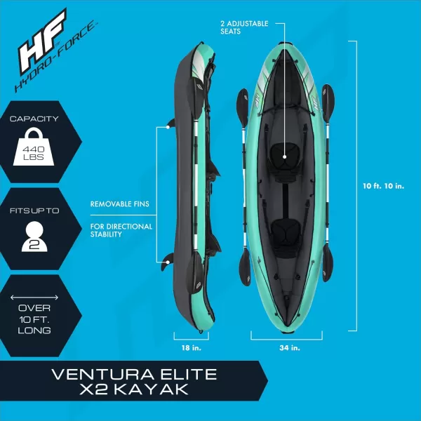 Bestway Hydro Force: Rapid Elite X2 Kayak Set - Seats 2 Adults, 397 lb Weight Capacity, Includes 2 Paddles, Hand Pump, 2 Fins, Storage Carry Bag