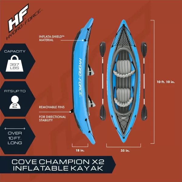 Bestway Hydro Force: Rapid Elite X2 Kayak Set - Seats 2 Adults, 397 lb Weight Capacity, Includes 2 Paddles, Hand Pump, 2 Fins, Storage Carry Bag