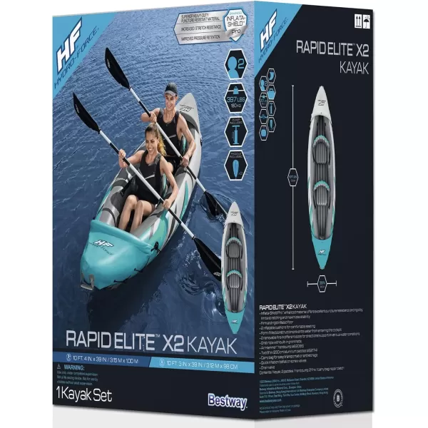 Bestway Hydro Force: Rapid Elite X2 Kayak Set - Seats 2 Adults, 397 lb Weight Capacity, Includes 2 Paddles, Hand Pump, 2 Fins, Storage Carry Bag