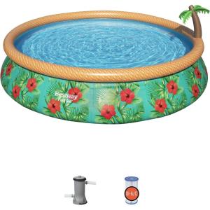 imageBestway Fast Set Inflatable Pool Set 12 x 30quot  Rattan Print  Round Above Ground Pool  Includes Filter Pump ampamp Repair Patch15 x 33 Tropical Print