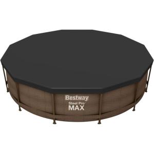 imageBestway Flowclear PVC Round 12 Foot Pool Cover for Above Ground Frame Pools with Drain Holes and Secure TieDown Ropes Black Cover Only12ft Round