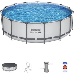 imageBestway Steel Pro MAX 15quot x 42quot Round Above Ground Swimming Pool Set Outdooor Metal Frame Family Pool with Filter Pump Ladder and Cover15 x 48  Gray
