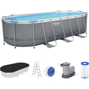 imageBestway Power Steel 18 x 9 x 48quot Oval Metal Frame Above Ground Outdoor Swimming Pool Set with 1500 GPH Filter Pump Ladder and Pool Cover
