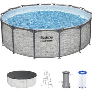 imageBestway Steel Pro MAX 14 Foot x 48 Inch Round Metal Frame Above Ground Outdoor Swimming Pool Set with 1000 Filter Pump Ladder and Cover Gray14 x 48  Stone Print
