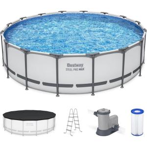 imageBestway Steel Pro MAX 14 Foot x 48 Inch Round Metal Frame Above Ground Outdoor Swimming Pool Set with 1000 Filter Pump Ladder and Cover Gray16 x 48  Gray
