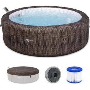 imageBestway SaluSpa Bali Smart AirJet Inflatable Hot Tub Round Portable 57 Person Spa with 180 AirJets App Control and EnergySense Cover Brown Rattan