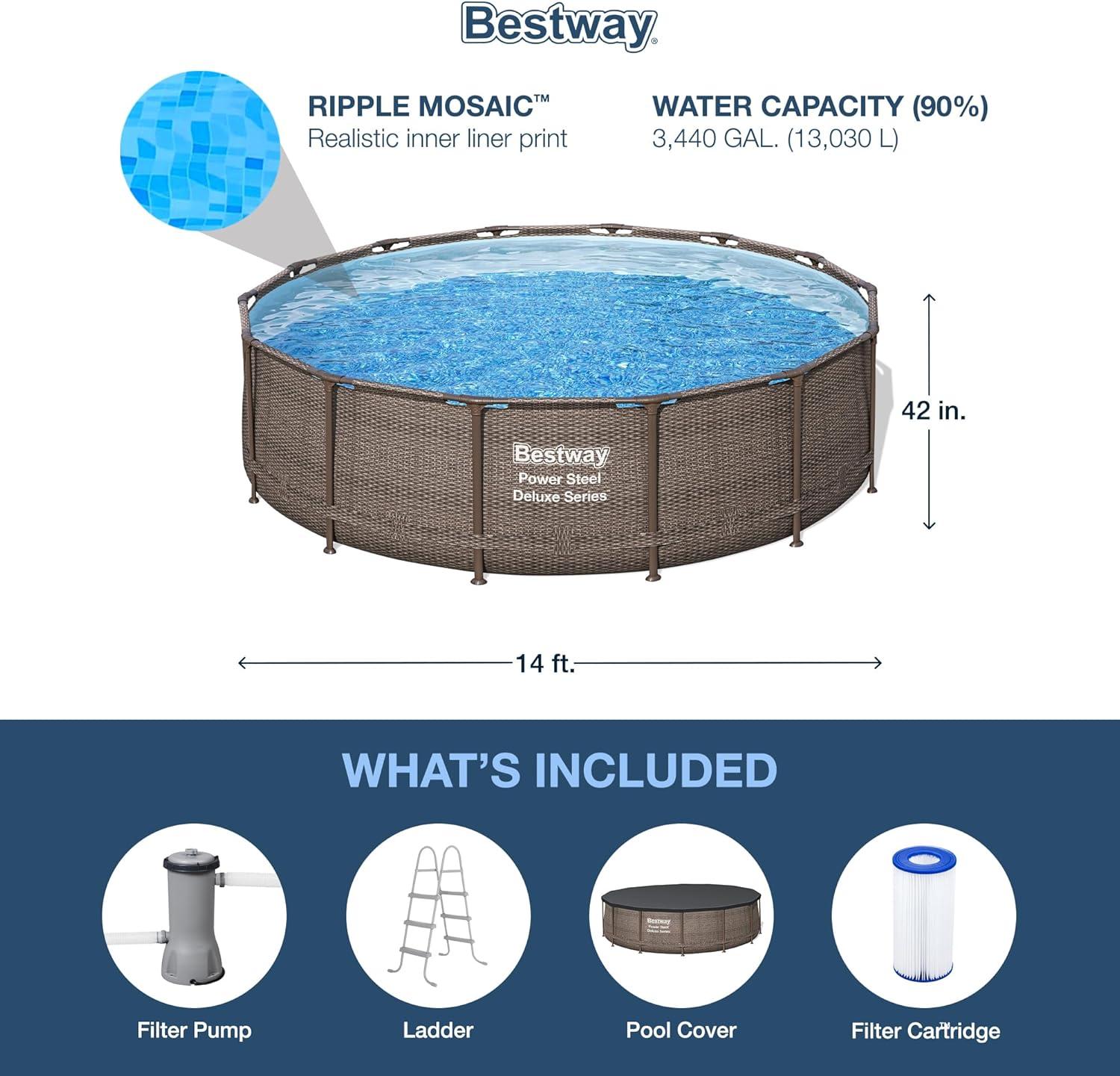 imageBestway Power Steel 14 x 42 Round Above Ground Outdoor Backyard Swimming Pool Set with 1000 GPH Filter Pump Ladder and Pool CoverBrown Wicker