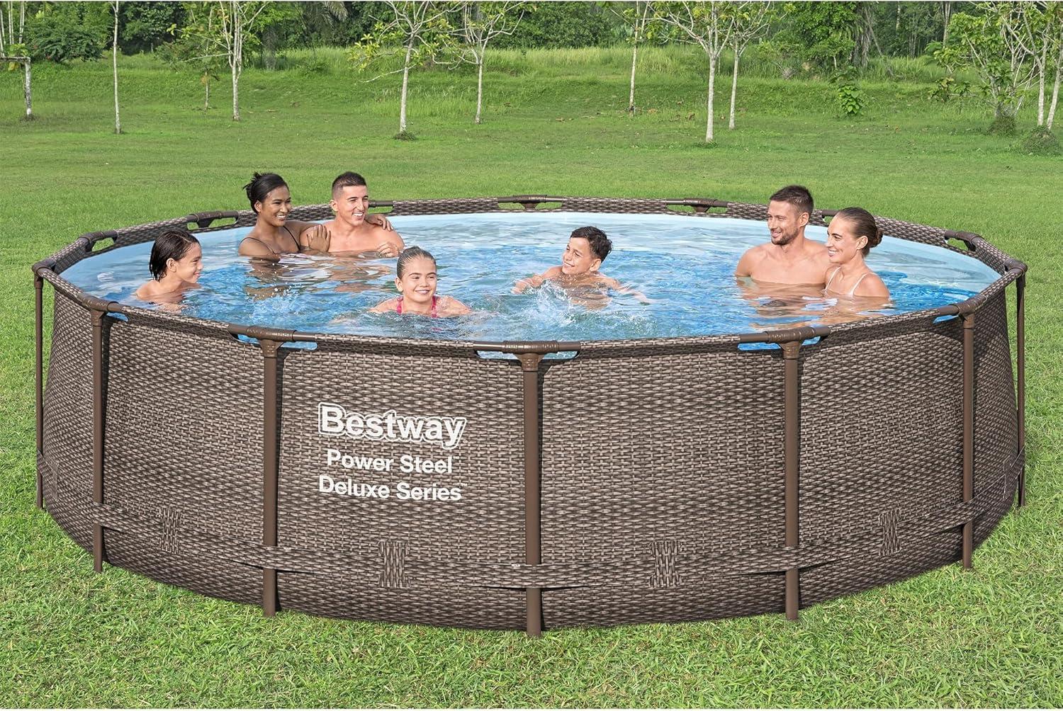 imageBestway Power Steel 14 x 42 Round Above Ground Outdoor Backyard Swimming Pool Set with 1000 GPH Filter Pump Ladder and Pool CoverBrown Wicker