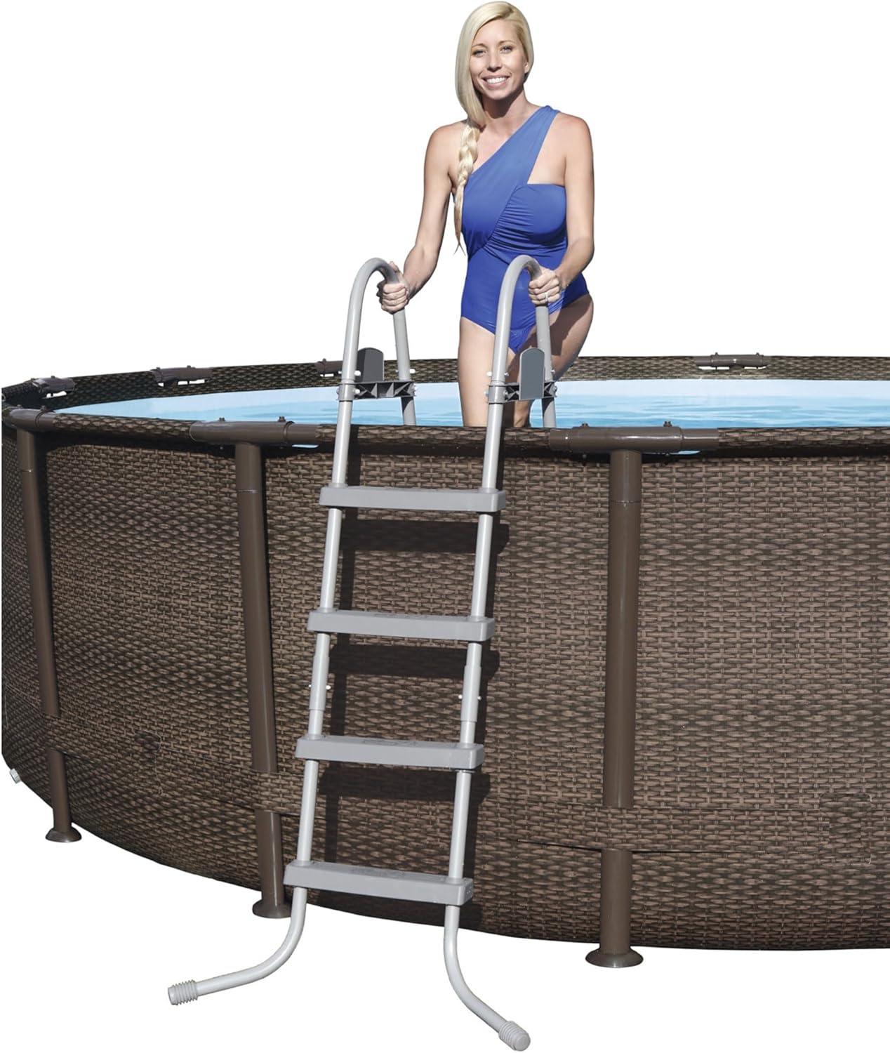 imageBestway Power Steel 14 x 42 Round Above Ground Outdoor Backyard Swimming Pool Set with 1000 GPH Filter Pump Ladder and Pool CoverBrown Wicker